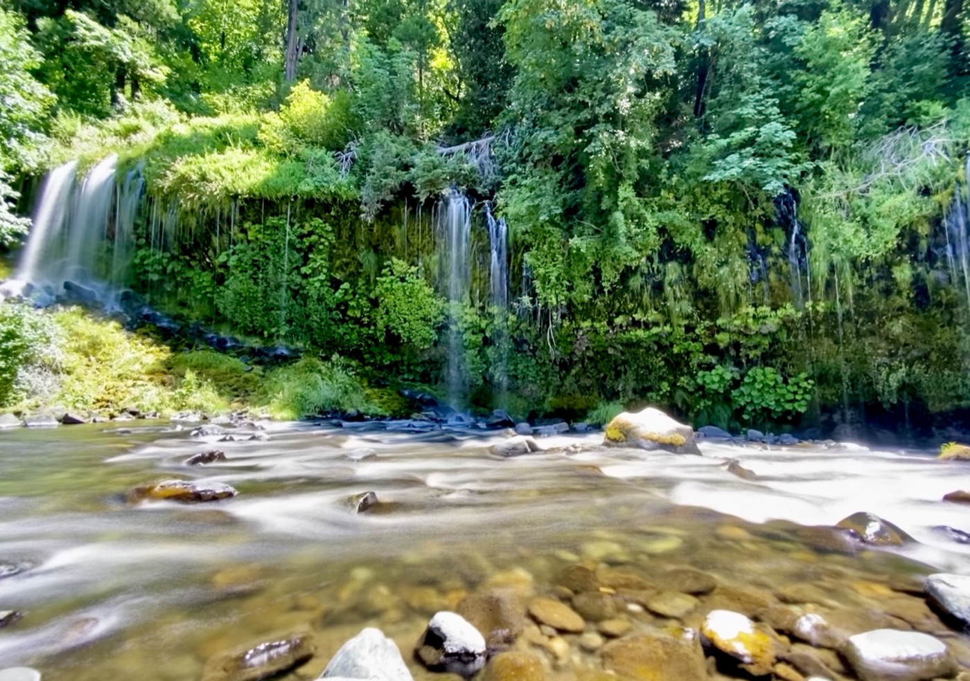 Mossbrae Falls - water cascading over moss-covered rocks into the Sacramento River